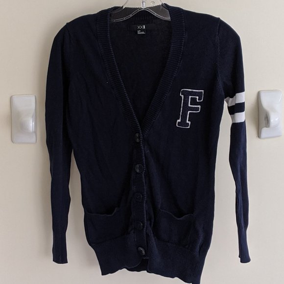 💜 (3/$30) Forever 21 Navy Varsity Cardigan - Picture 1 of 2